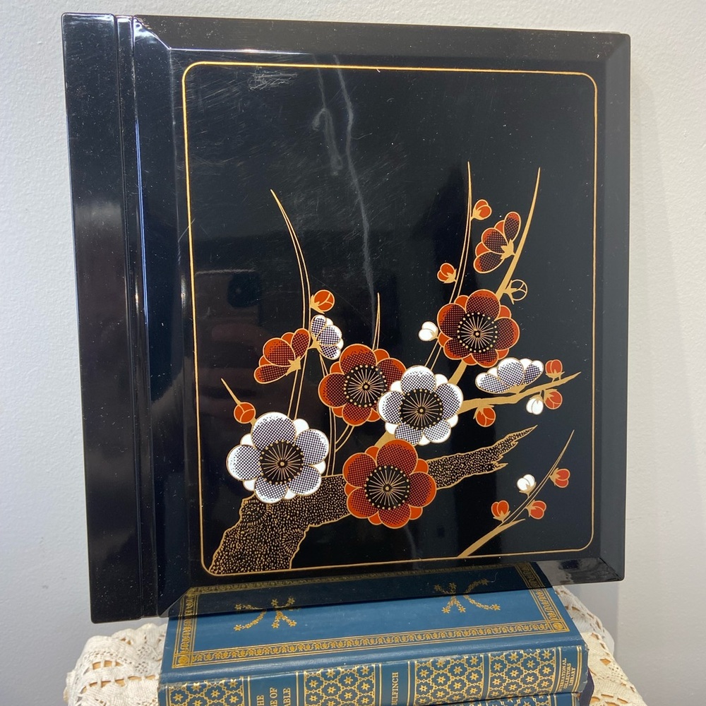 Vintage Asian Black Lacquer Photo Album Book Floral With Gold Accent-New in Box